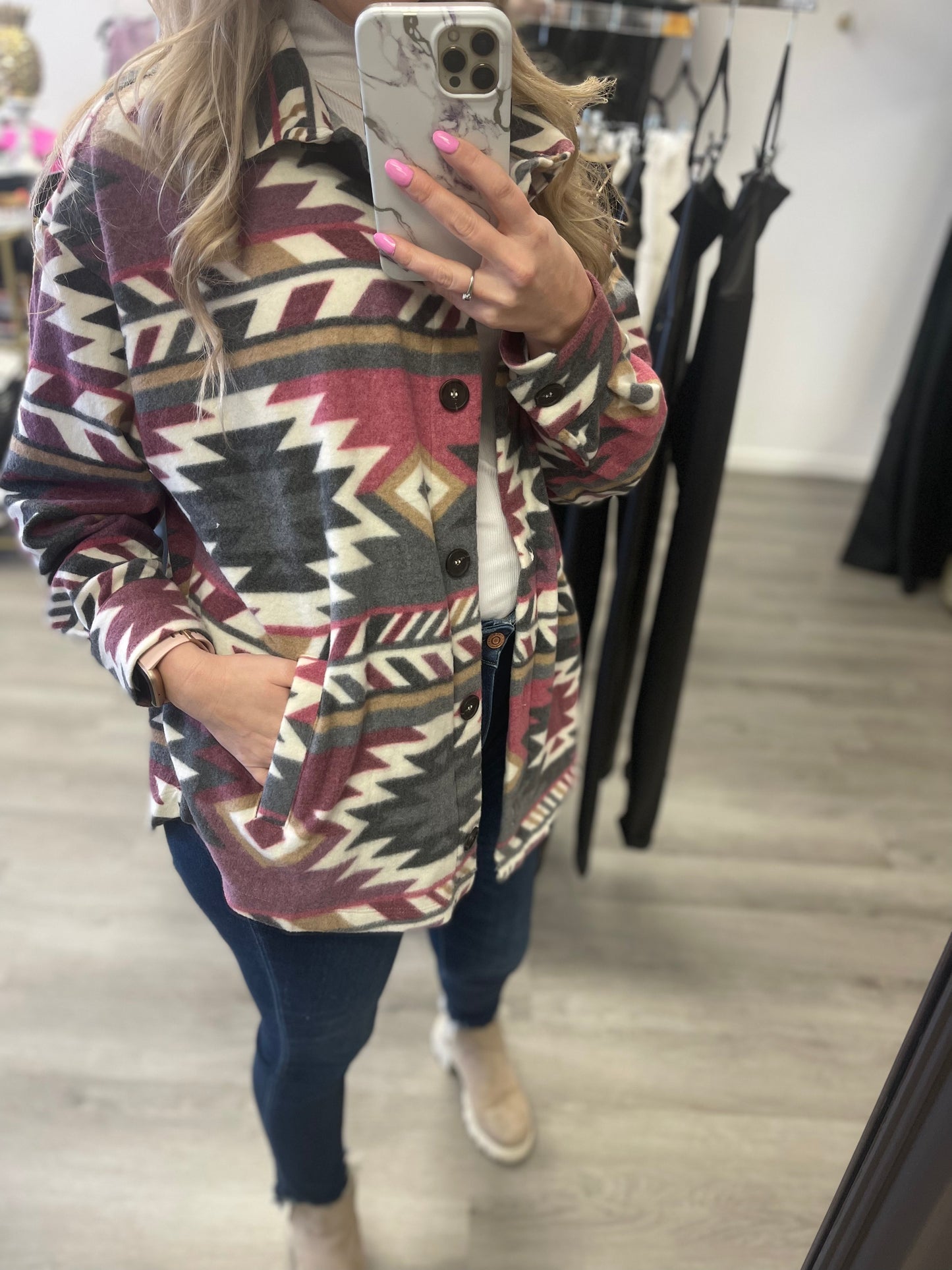 Pink Aztec Sweater Shacket